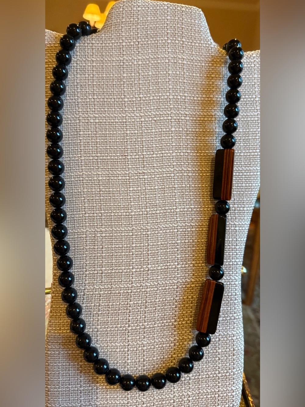 Vintage Mid-Century Retro Black & Wood Geometric Beaded Strand Necklace